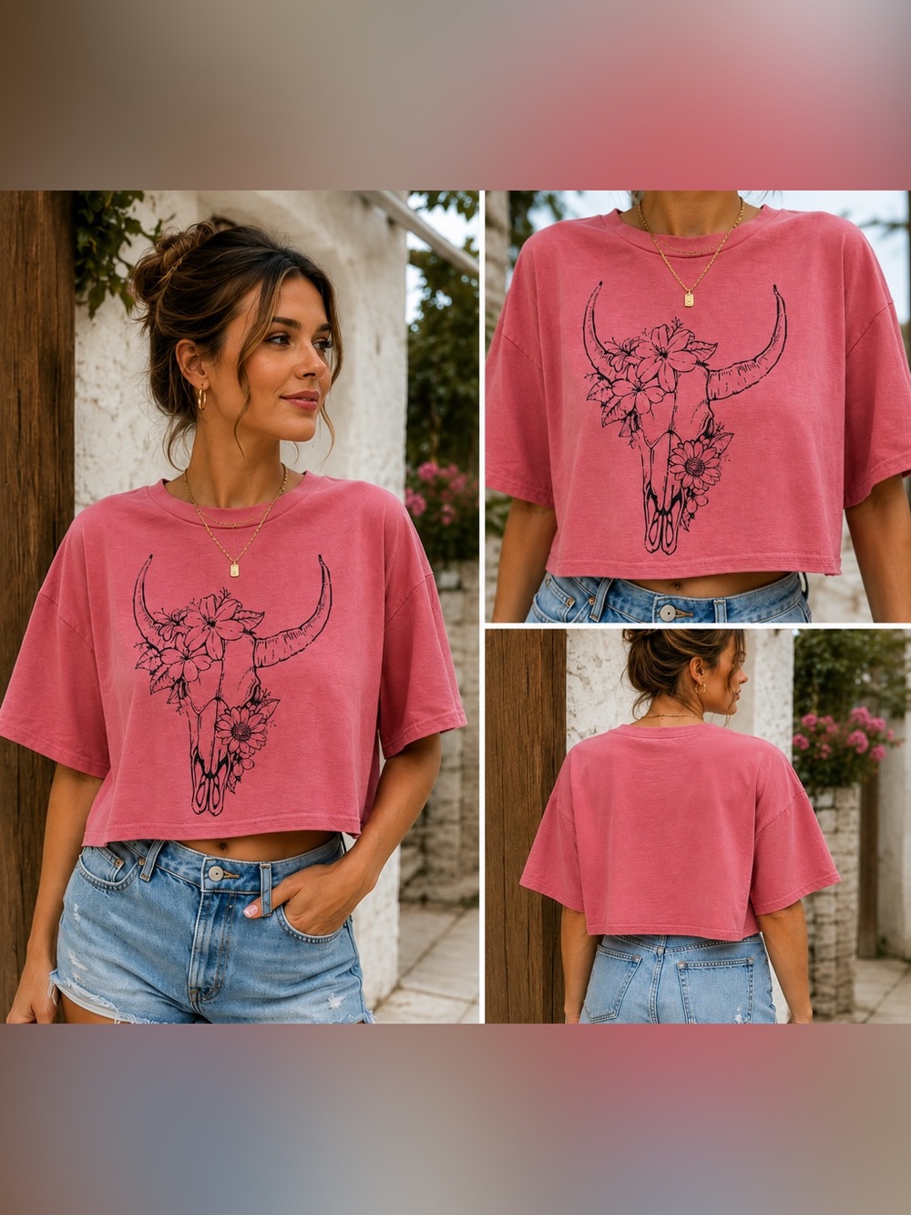 Pink Floral Bull Skull Graphic Cropped Tee - Womens M